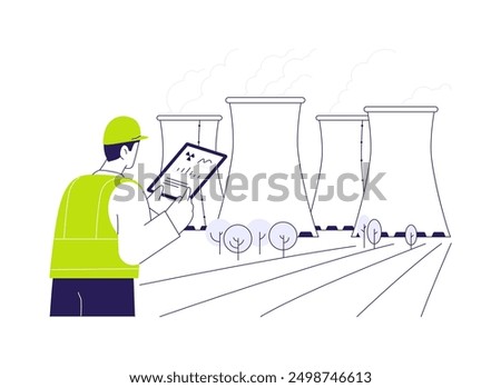 Nuclear power plant abstract concept vector illustration. Engineer standing near nuclear power plant, sustainable technology, renewable energy, producing electricity abstract metaphor.