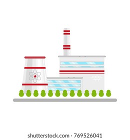 Nuclear power plant, alterative energy source, concept of atom for peace, flat icon style vector illustration isolated on white background. Flat icon with nuclear power plant, atomic energy concept