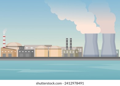 Nuclear power plant area beside the sea. Renewable energy. Vector illustration.