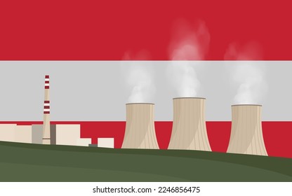 Nuclear power plant in Austria. Electricity generation production. Power station on Austrian flag background. Nuclear power stations vector illustration