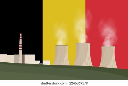 Nuclear power plant in Belgium. Electricity generation production. Power station on Belgian flag background. Nuclear power stations vector illustration