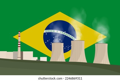 Nuclear power plant in Brazil. Electricity generation production. Power station on Brazilian flag background. Nuclear power stations vector illustration