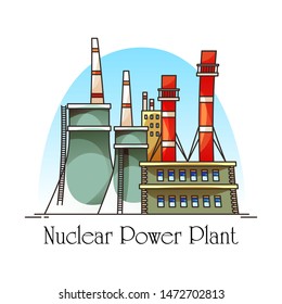Nuclear power plant building with cooling towers and chimney. Powerhouse building or electricity generator construction. Cartoon heavy plant with pipes for safe electric generating. Environment, eco