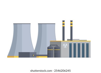 Ilustração vetorial de construção de usina nuclear, estilo plano, elemento editável