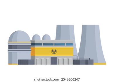 Ilustração vetorial de construção de usina nuclear, estilo plano, elemento editável