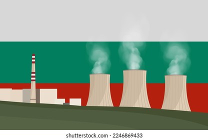 Nuclear power plant in Bulgaria. Electricity generation production. Power station on Bulgarian flag background. Nuclear power stations vector illustration