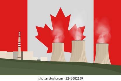 Planta de energía nuclear en Canadá. Producción de electricidad. Estación de energía en el fondo de la bandera canadiense. Ilustración vectorial de las centrales nucleares