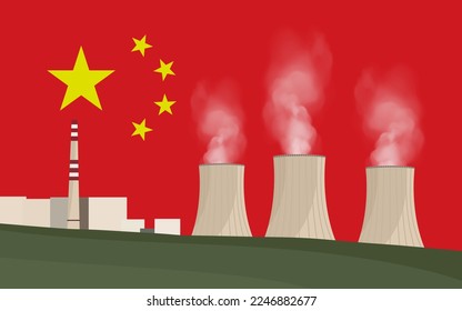 Nuclear power plant in China. Electricity generation production. Power station on China flag background. Nuclear power stations vector illustration