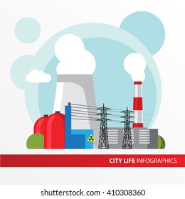 Nuclear power plant. Colorful illustration in a flat style. City infographics set. All types of power stations. System with transmission tower, nuclear reactor and Cooling tower