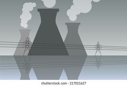 Nuclear power plant cooling towers, vector industrial landscape