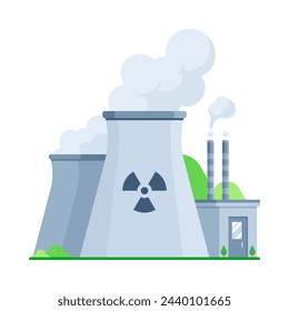 A nuclear power plant with cooling towers in flat vector illustration style isolated on white background, representing the concepts of energy production and nuclear technology