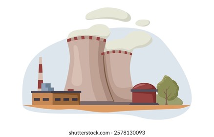 Nuclear power plant with cooling towers and smokestacks. Vector illustration