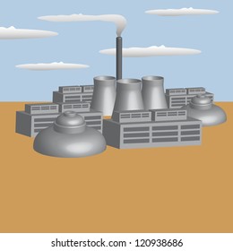 Nuclear power plant design with three cooling towers and adjacent buildings