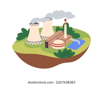 Nuclear power plant. Electric energy station. Atom industry for electricity generation. Industrial structure, building, powerhouse. Flat graphic vector illustration isolated on white background