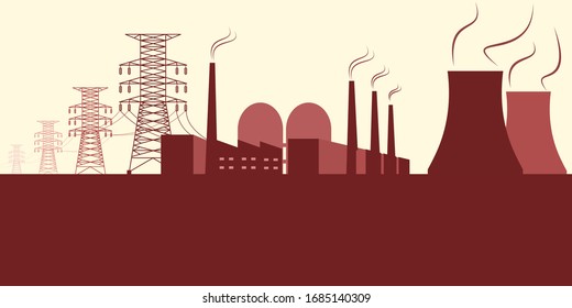 nuclear power plant with electric power lines. vector illustration