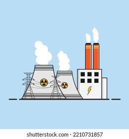 Nuclear power plant with electric poles. Electric station building, powerhouse. Electricity generation industry. Vector illustration.