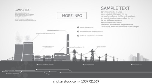 Nuclear Power Plant, With Electric Pylons, Power Supply To The City, Infographics.