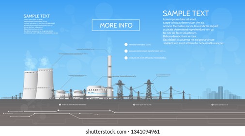 Nuclear Power Plant, With Electric Pylons, Power Supply To The City, Infographics.