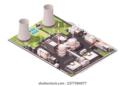 Nuclear power plant. Electricity factory, energy reactor. Atom splitting. Environment pollution, urban architecture. Radioactive place. Industrial technology. Isometric vector illustration