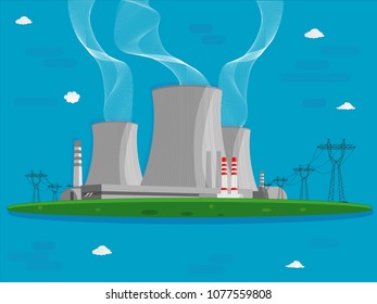 Nuclear power plant and factory. Atom, radiation energy industrial concept, station background. The problem of ecology? Vector illustration in flat style.