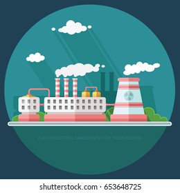 Nuclear power plant and factory. Atom, radiation energy industrial concept, station background. Environmental theme. Flat Vector background illustration