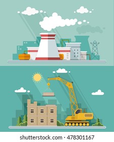  The nuclear power plant and factory, building. Vector flat illustration