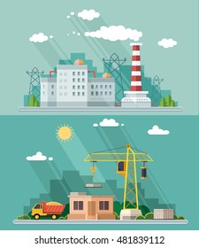 Nuclear power plant and factory, building on the background of the city. Vector flat illustration