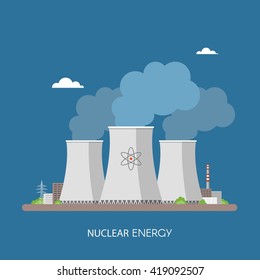 Nuclear power plant and factory. Nuclear energy industrial concept. Vector illustration in flat style. Nuclear station background.