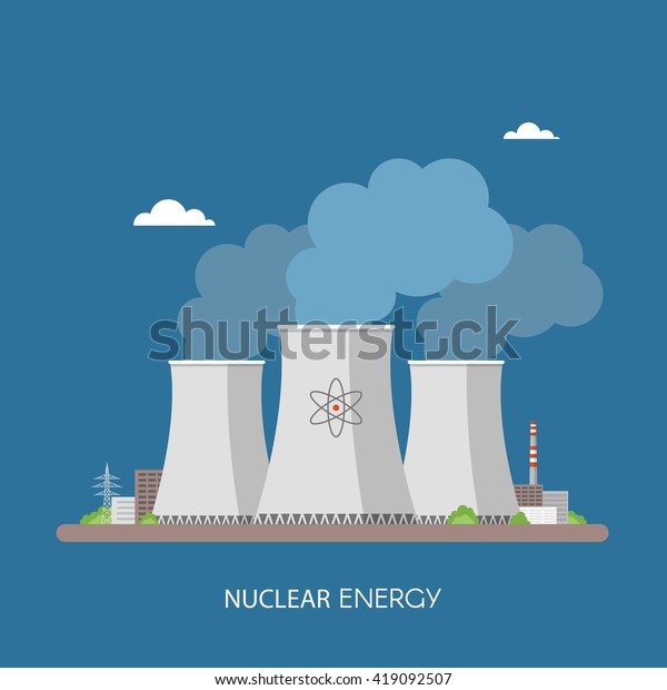Nuclear power plant and factory. Nuclear\
energy industrial concept. Vector illustration in flat style.\
Nuclear station\
background.
