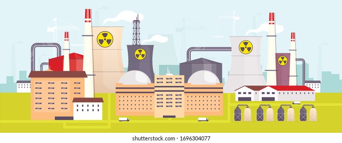 Ilustración vectorial de color plano de la planta de energía nuclear. Paisaje de dibujos animados 2D para instalaciones industriales con reactores atómicos en segundo plano. Estación de fabricación de energía, panorama de la fábrica de producción de electricidad