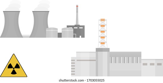 Nuclear power plant flat icon set. Including radiation sign. Isolated on white.