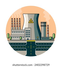Nuclear power plant, flat vector design, round frame, cartoon minimalist landscape