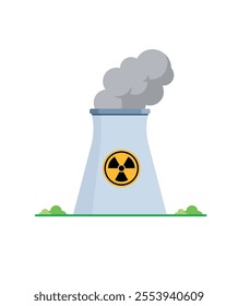 Nuclear power plant in flat vector illustration style isolated on white background, representing the concepts of nuclear energy, electricity generation, and environmental impact. stock illustration