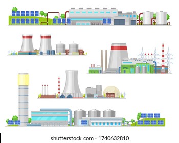 Nuclear and power plant, gas station isolated vector building icons. Industrial buildings and factory facilities, energy production. Nuclear reactor and pipes, air pollution industrial pipelines