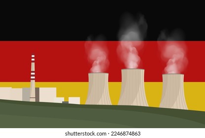 Central nuclear en Alemania. Producción de electricidad. Estación de energía en el fondo de la bandera alemana. Ilustración vectorial de las centrales nucleares