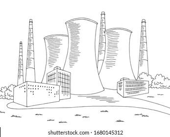 Nuclear power plant graphic black white landscape sketch illustration vector