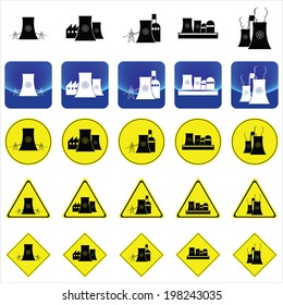 nuclear power plant graphic on button and many types of yellow circles, triangles and square signs