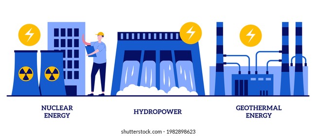 Nuclear power plant, hydropower, geothermal energy concept with tiny people. Energy sources abstract vector illustration set. Generate electricity, dam turbine, power plants, heat pump metaphor.