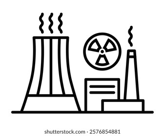 Nuclear power plant icon with cooling towers. Editable stroke.