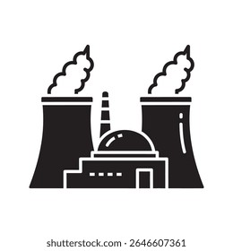 Ícone de central nuclear com torres de resfriamento que representam a produção de energia e a geração de eletricidade a partir de uma estação atômica industrial vetor ícone de glifo sólido