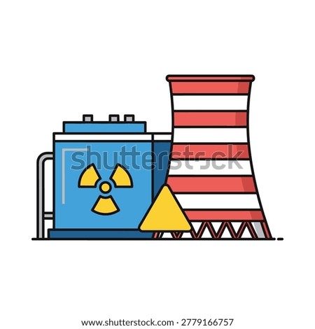 Nuclear power plant icon with cooling tower and radiation symbol, radioactive