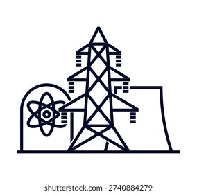 Nuclear power plant icon in elegant bold line style. Thermal power station that generates electricity by harnessing heat from nuclear fission