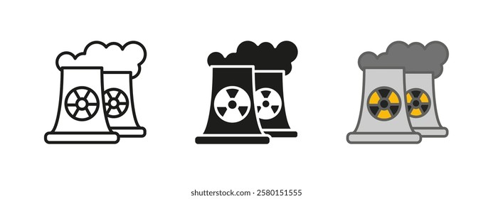 Nuclear power plant icon. Industrial energy vector illustration. Atomic reactor station symbol. Radiation hazard warning sign. Electricity generation concept. Cooling tower pollution graphic.