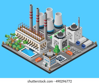 Nuclear power plant. Icon or infographic element. 3D isometric view. Vector illustration.