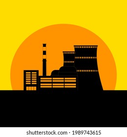 Nuclear power plant icon on the background of the setting sun. Vector flat illustration