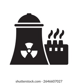Ícone da central nuclear com um símbolo de radiação que representa uma estação de energia atômica perigosa e um ícone de glifo sólido de vetor de risco de segurança ambiental