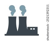 Nuclear power plant icon with two cooling towers emitting smoke or steam, symbolizing energy production and environmental impact. Ideal for industrial, energy, and environmental themes.