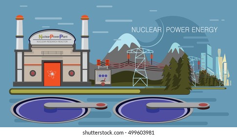 Nuclear Power Plant. Industrial electric power generation concept. Power transmission.