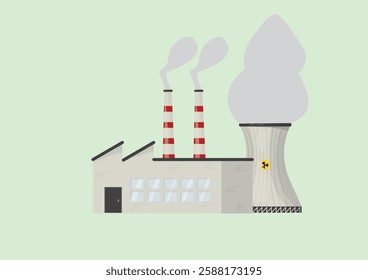 Nuclear Power Plant Industrial Factory. nuclear power facility with cooling towers, reactor building, and smokestacks. flat design style. Vector illustration