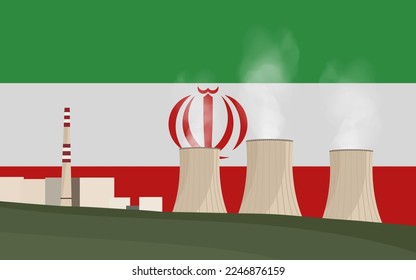 Nuclear power plant in Iran. Electricity generation production. Power station on Iran flag background. Nuclear power stations vector illustration